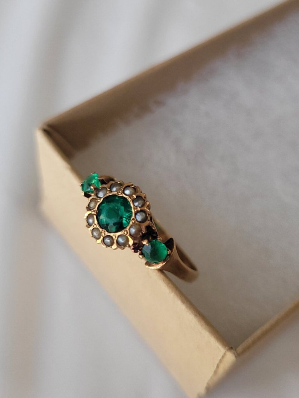 Antique Emerald Green Stones Pearls 10k Gold Victorian Ring May June Birthstones - Picture 5 of 16